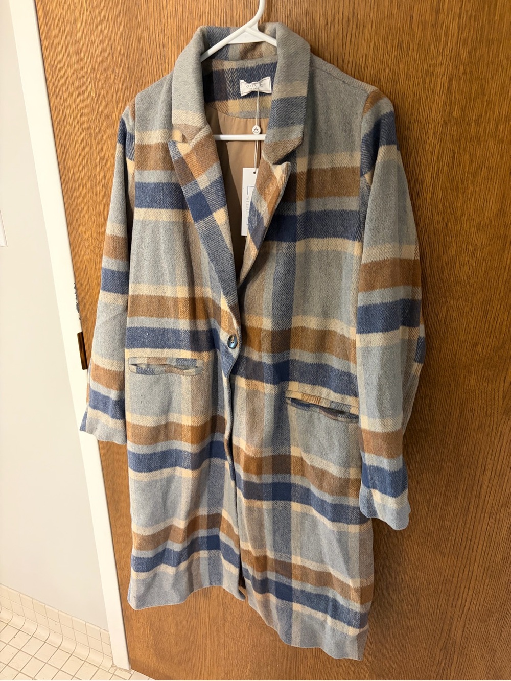 Sage Plaid Trench Coat in Blue, Tan & Cream